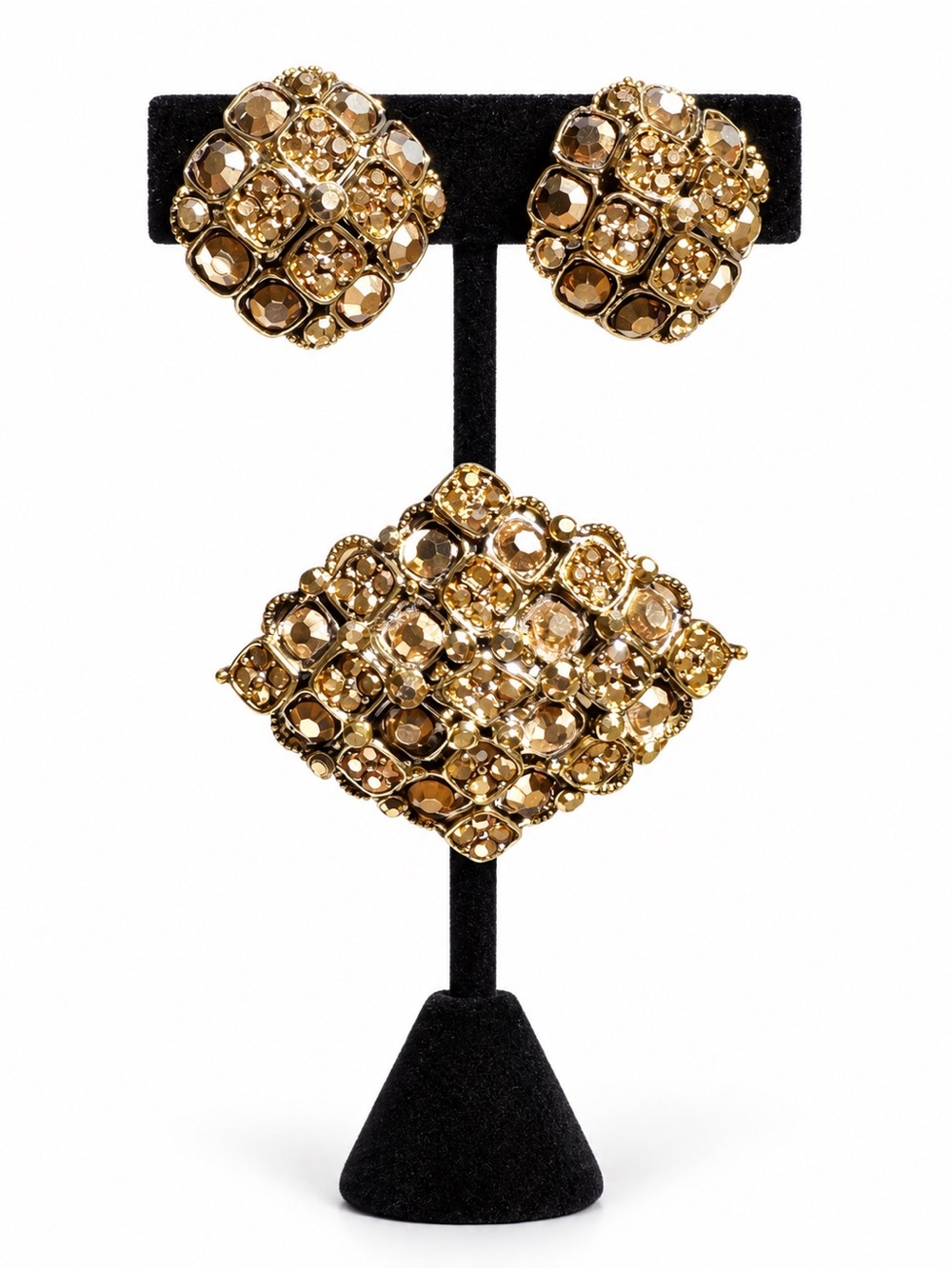 Unbranded Gold Tone Champagne Rhinestone Brooch & Clip On Earrings Set